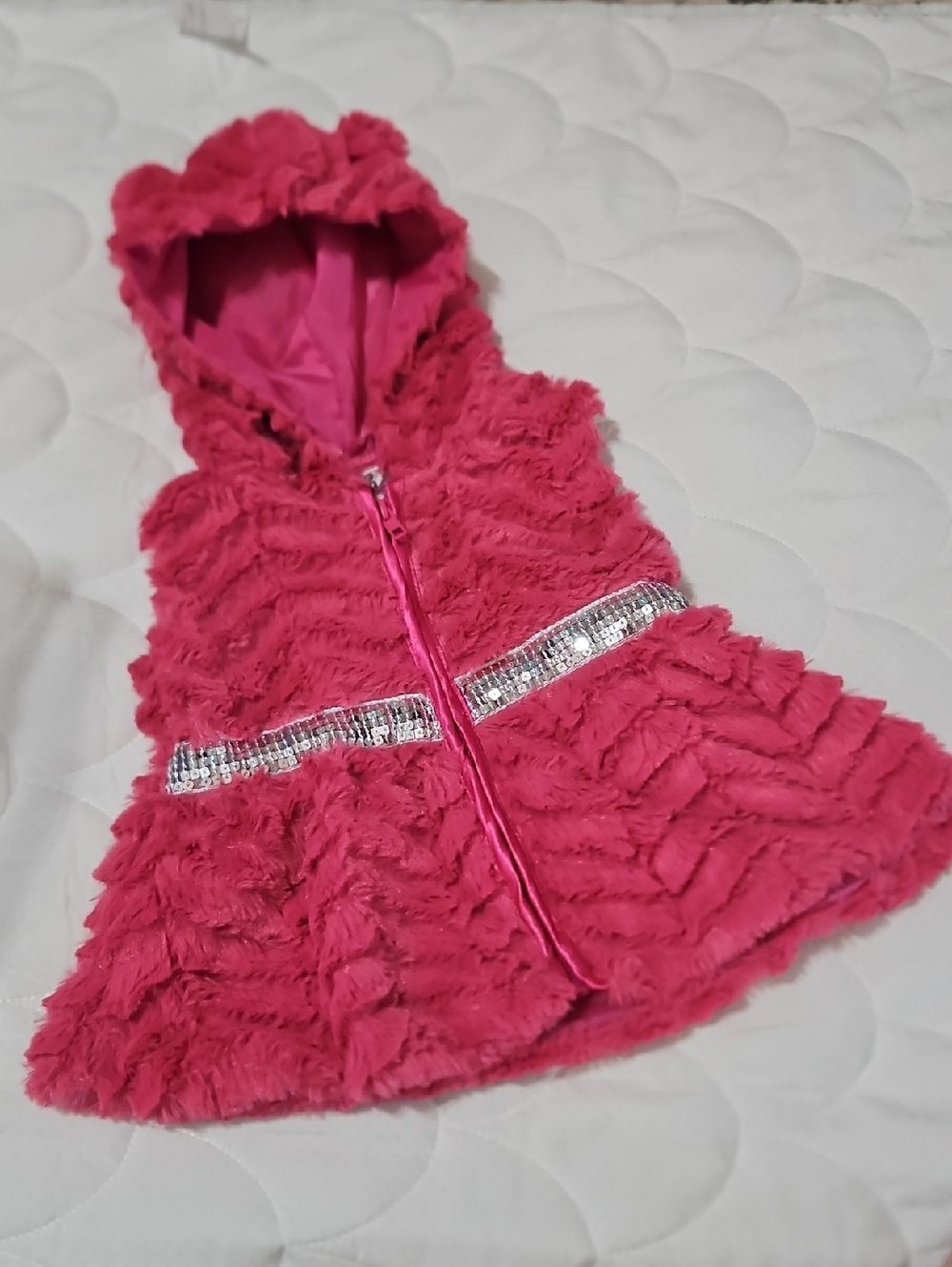 Hot Pink Faux Fur Hooded Vest with Sequin Trim